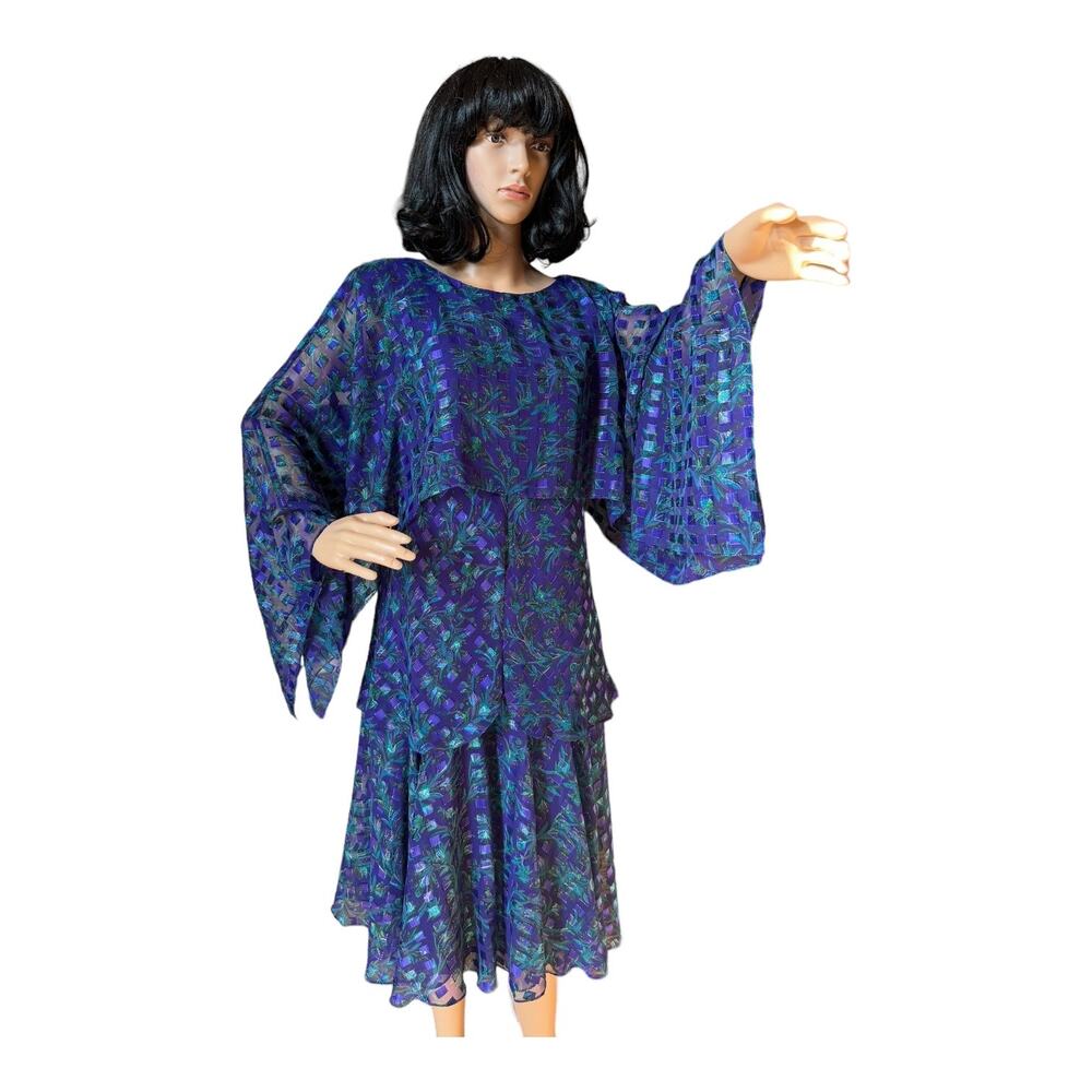 Vintage Patra 80's purple & blue sheer large sleeved layered dress size 12